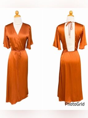 Whimsy + Row Lola Satin Wrap Maxi Dress Rust Orange Flowy Open Back Medium Flaw